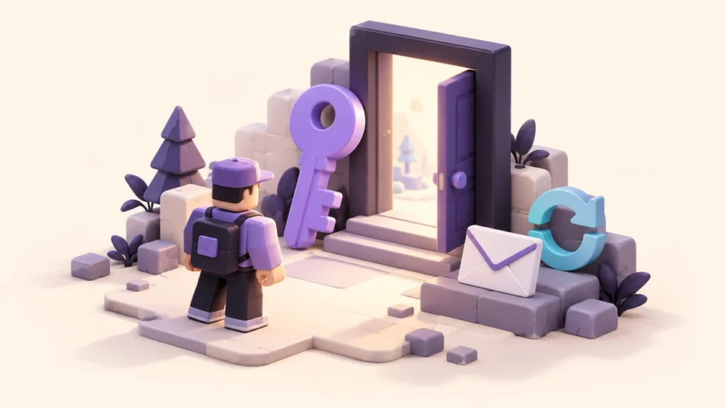 Illustration of a block explorer, a large key, an open door and a recovery envelope.