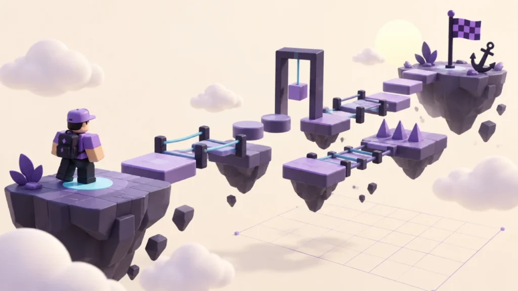 Illustration of a block explorer at the start of floating platforms leading to a finish flag.