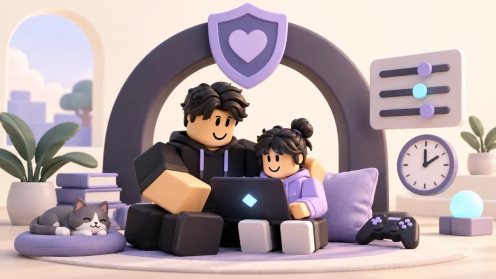 Illustration of a parent and child using a tablet beside a protective arch, clock and settings controls.