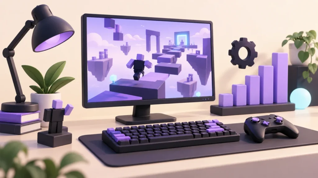 Illustration of a desktop gaming setup with a block obstacle course, a gear and performance bars.