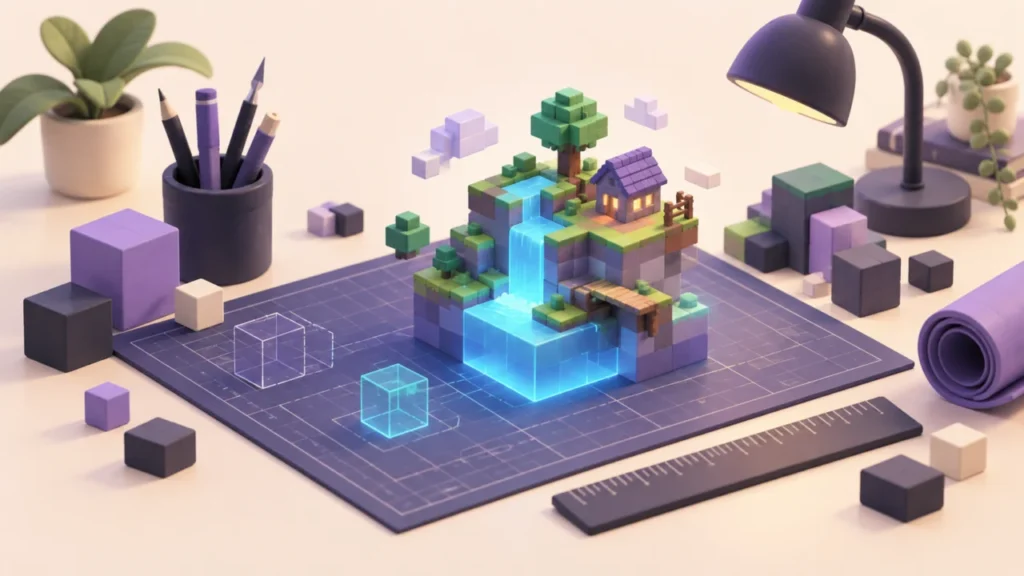 Illustration of a miniature block island on a blueprint workbench with building tools.